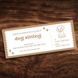 Plantilla de cupón editable para cuidado de perros, plantilla de boleto personalizado para cuidado de perros, certificado de regalo imprimible para cuidado de cachorros en formato PDF