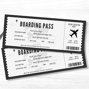 May include: Two black and white printable boarding pass templates with the text "Boarding Pass" and "Pack your bags!"  The template includes fields for passenger name, destination, departure date, date, time, and a space to write a special message. The template also includes a graphic of an airplane and the text "LAX - NYC".