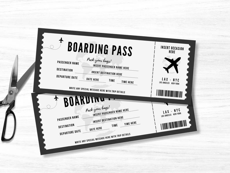 May include: Two black and white printable boarding pass templates with the text "Boarding Pass" and "Pack your bags!"  The template includes fields for passenger name, destination, departure date, date, time, and a space to write a special message. The template also includes a graphic of an airplane and the text "LAX - NYC".
