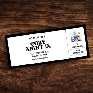 Bearbeitbare Cozy Night In Coupon-Vorlage, benutzerdefinierte Cozy Stay zu Hause Gutschein, druckbare Cozy Season Ticket PDF