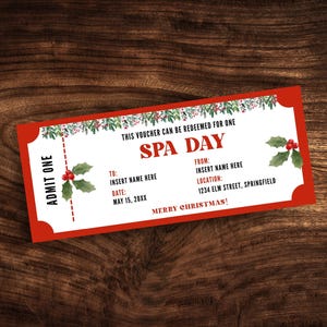 Bearbeitbarer Spa-Tag-Gutschein, druckbarer Spa-Urlaubsticket-Gutschein, benutzerdefinierte Spa-Tag-Weihnachtsgeschenkvorlage PDF