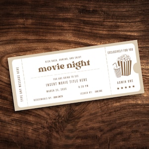 Bearbeitbarer Filmabend-Coupon, Benutzerdefinierter Filmgutschein, Digitales Ticketvorlage PDF