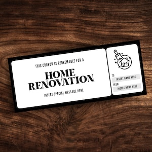 Op de afbeelding: Een zwart-witte cadeaubon voor een woningrenovatie. De cadeaubon heeft een verfkwast- en huissymbool. De tekst luidt "Deze bon is inwisselbaar voor een woningrenovatie. Voeg een speciale boodschap hier in. Aan: Voeg naam in. Van: Voeg naam in."