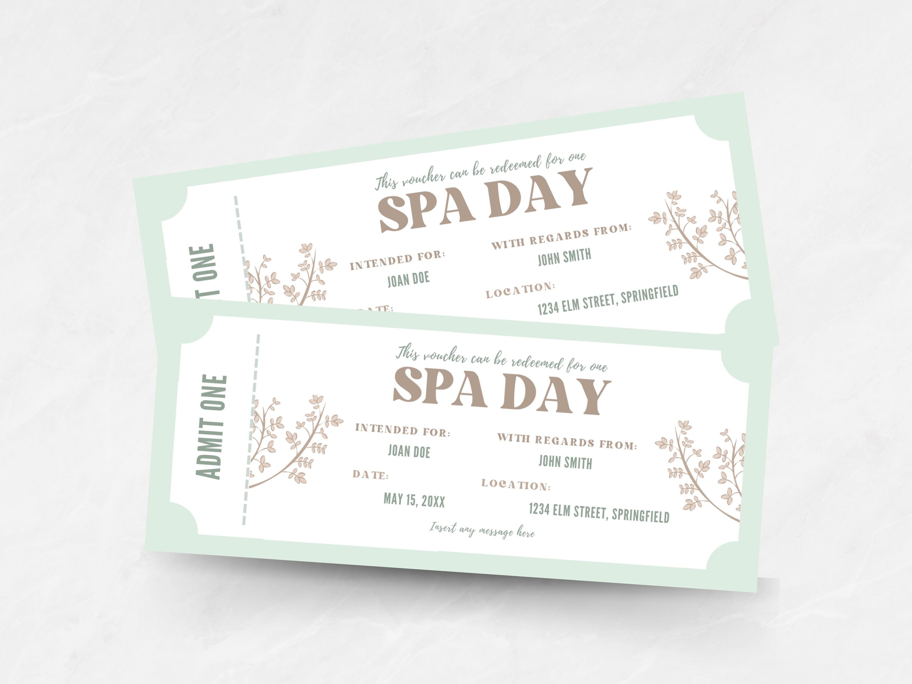 Editable Spa Day Coupon, Printable Spa Ticket Voucher, Custom Spa Day ...