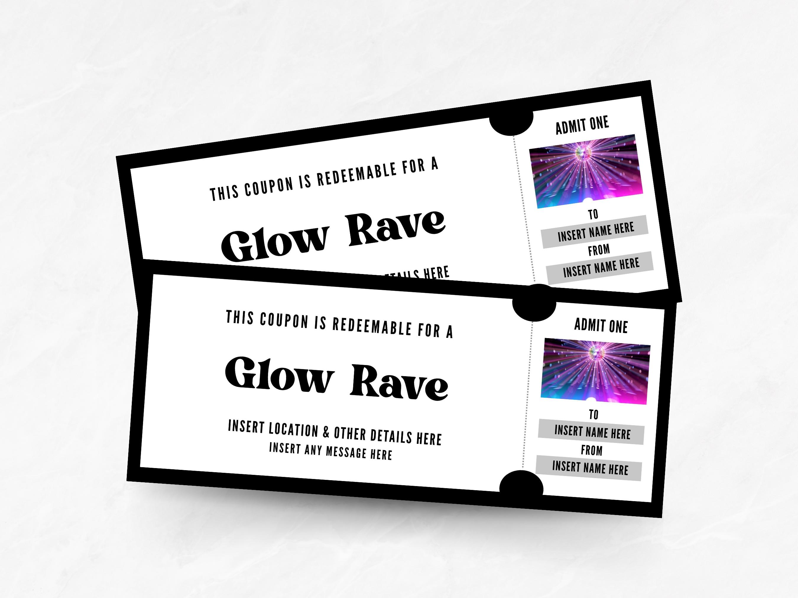 Create A Rave Party Invitation Editable Glow Rave Ticket Template, Custom Rave Dance Party Coupon ...