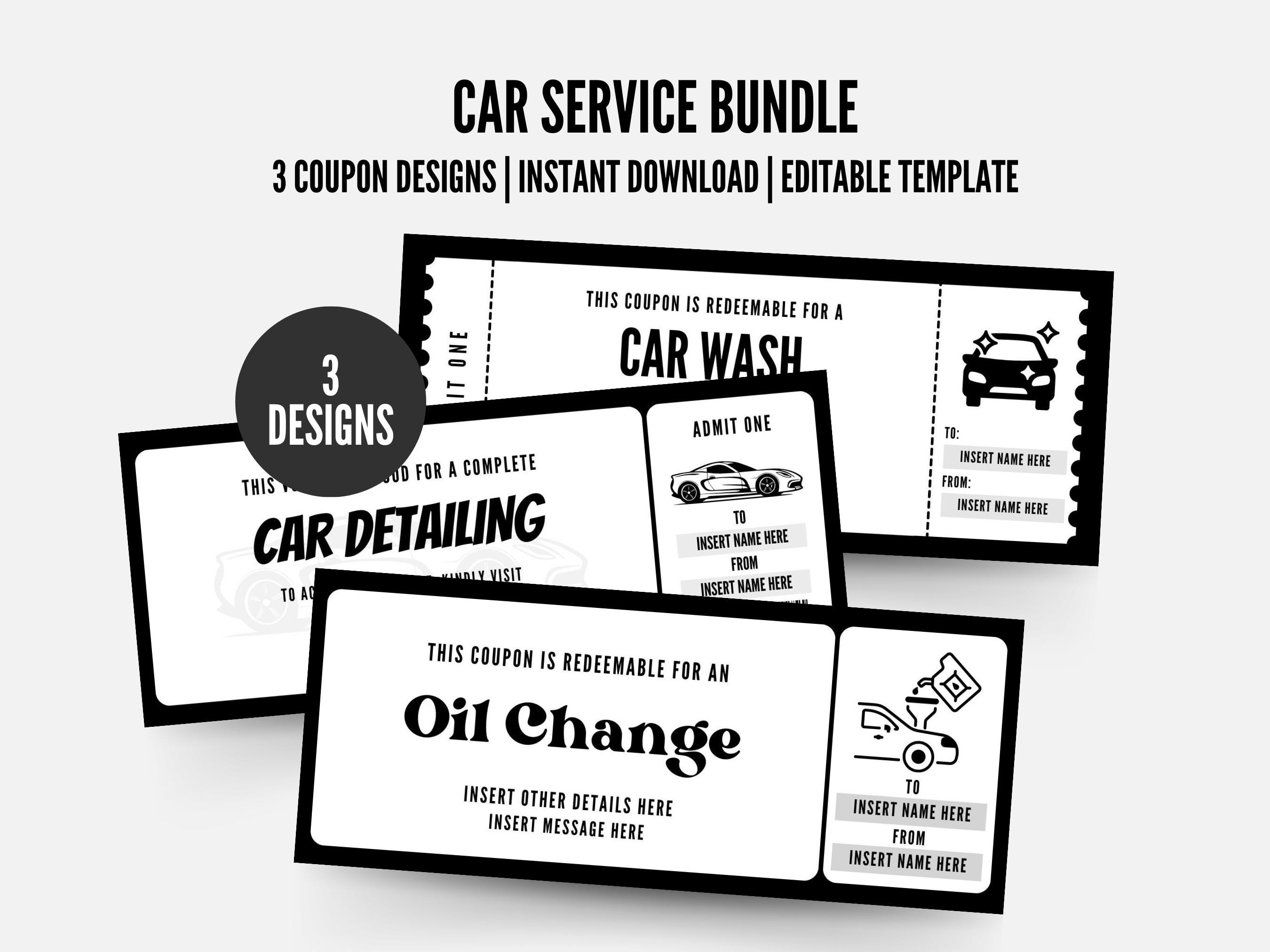 Editable Car Service Coupon Bundle, Custom Car Wash Ticket, Printable Oil Service Gift Certificate PDF