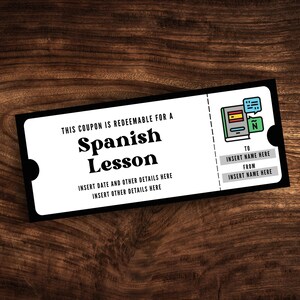Editable Spanish Lesson Coupon Template, Custom Language Lesson Voucher, Printable Spanish Lesson Ticket Template PDF