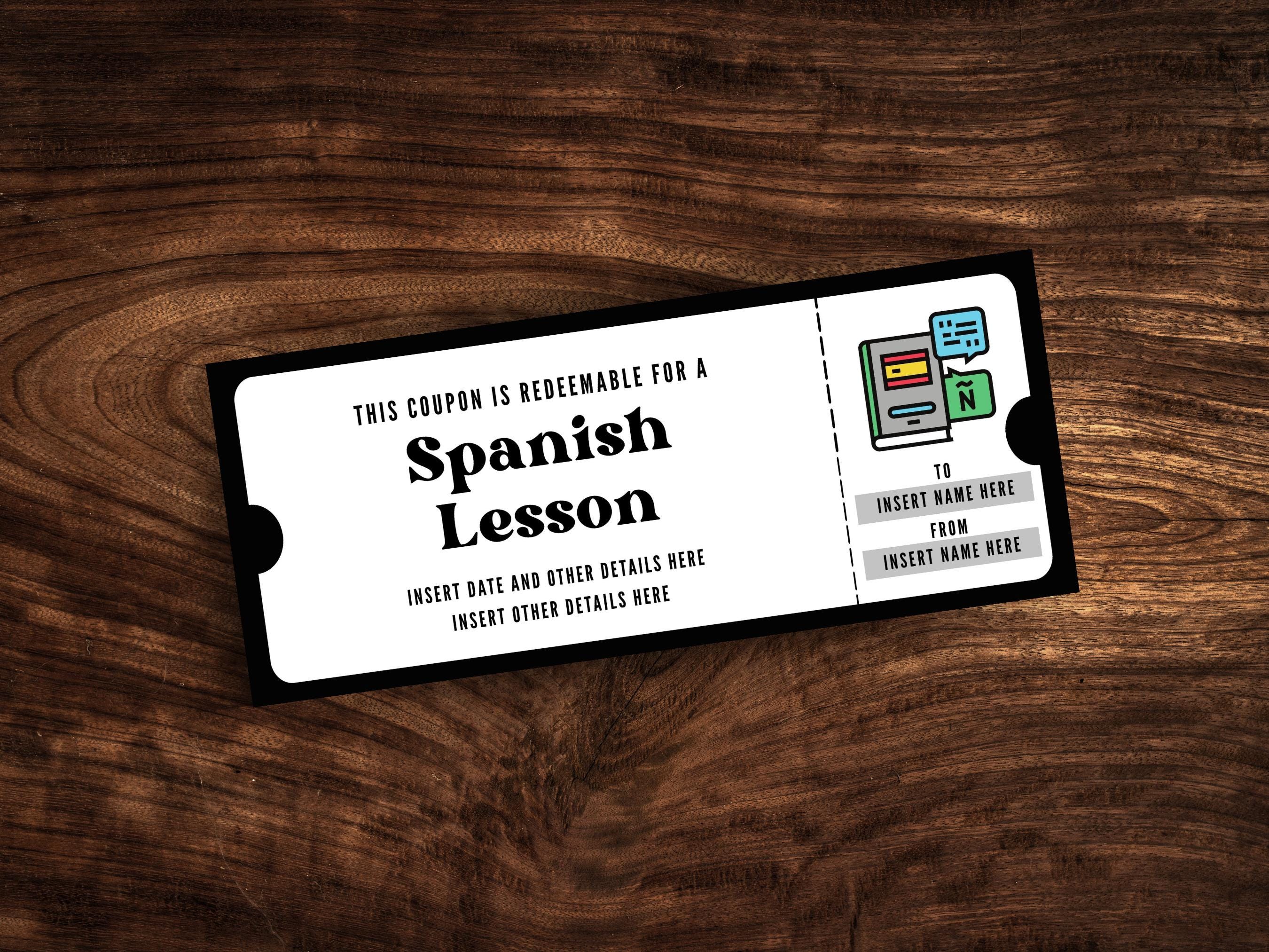 Editable Spanish Lesson Coupon Template, Custom Language Lesson Voucher, Printable Spanish Lesson Ticket Template PDF