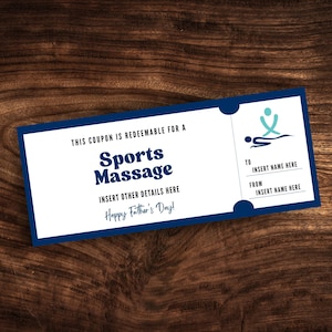 Bearbeitbarer Sportmassage-Geschenkgutschein, benutzerdefinierte Sportmassage-Vatertag-Couponvorlage, druckbares Tiefengewebe-Massageticket PDF