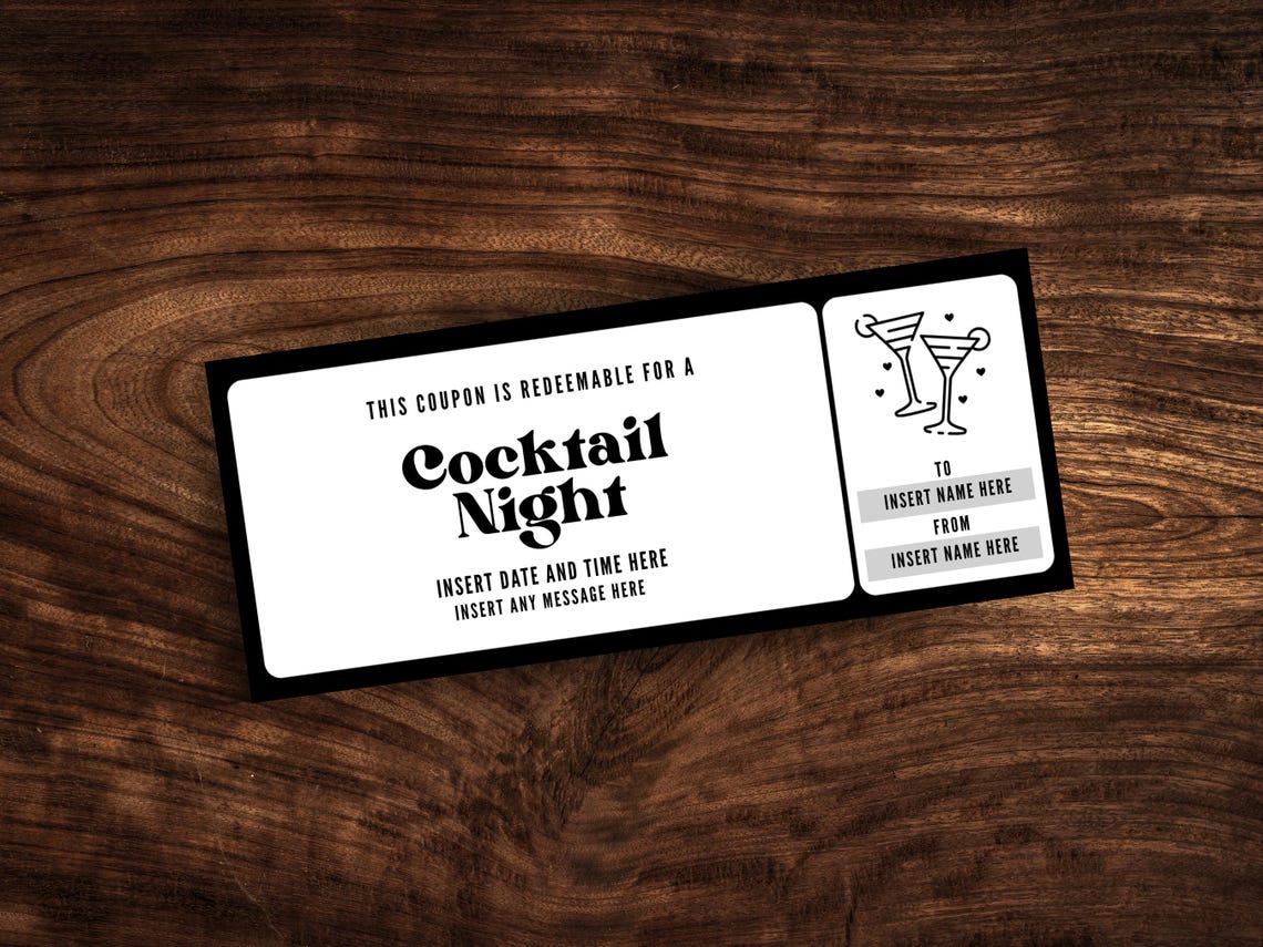 Printable Cocktail Night Coupon Template, Editable Cocktail Bar Ticket ...
