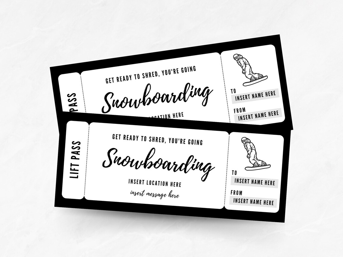 Editable Snowboarding Lift Ticket Template, Custom Snowboarding Trip