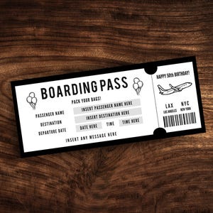 Modèle de carte d'embarquement modifiable, billet d'avion imprimable, cadeau de 50e anniversaire de voyage personnalisé, téléchargement numérique