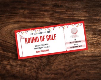 May include: A rectangular paper coupon with a red border and a string of colorful Christmas lights at the top. The text reads: This coupon is good for a round of golf, add location here, add more details here, merry christmas, to insert name here, from insert name here.