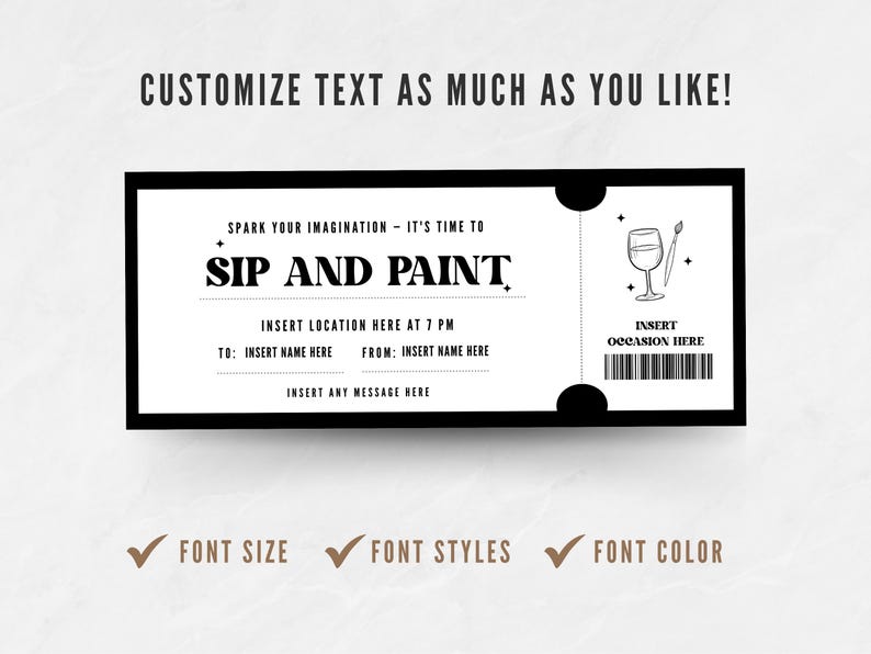 Printable Sip and Paint Party Coupon Template, Editable Wine and Paint
