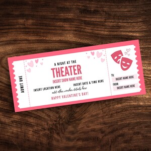 Custom Valentine&#39;s Day Theater Ticket Template, Printable Play Show Ticket Valentine&#39;s Day Coupon, Surprise Theatre Gift Certificate PDF