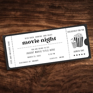 Bearbeitbarer Filmabend-Coupon, Benutzerdefinierter Filmgutschein, Digitales Ticketvorlage PDF