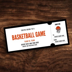Modèle de billet de match de basket-ball modifiable, billet de basket-ball imprimable, bon cadeau pour un événement sportif surprise PDF