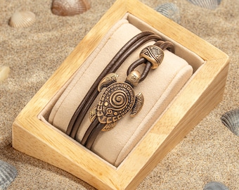 Ocean Leather Bracelet with Bronze Sea Turtle - Bangle Maori Style Gift for Men Women - Armband Polynesian Tribal Nautical Hawaiian Jewelry