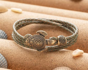 Ocean Leather Bracelet with Bronze Sea Turtle - Bangle Maori Style Gift for Men Women - Polynesian Tribal Nautical Hawaiian Beach Jewelry