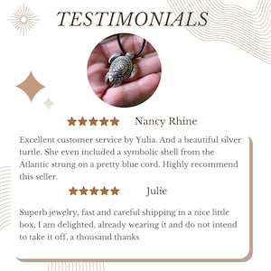 May include: A silver turtle pendant on a black cord is shown in the image. The word "TESTIMONIALS" is at the top. Customer reviews are included, praising the jewelry and service.