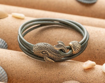 Nautical Leather Bracelet with Whale - Bangle Cachalot Maori Style Gift for Men Women Him Her - Armband Sea Beach Surfer Ocean Jewellery