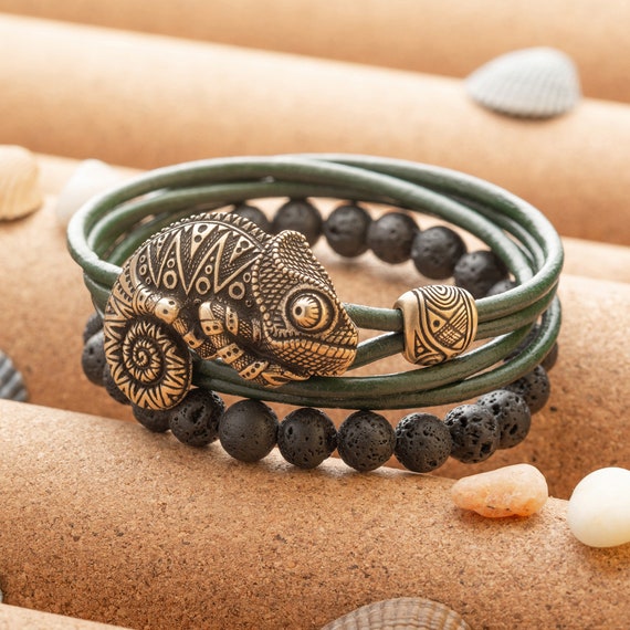 Bracelet with Chameleon and Bead with Maori Pattern Gift for Men and Women - Armband Polynesian Tribal Nautical Hawaiian Ocean Jewelry