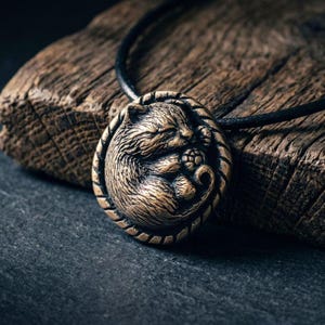 Può includere: Un ciondolo circolare color bronzo con una scultura in rilievo di un gattino raggomitolato che gioca con un gomitolo di lana. Il ciondolo è incorniciato da un bordo a forma di corda ed è fissato a una semplice collana con cordino nero.