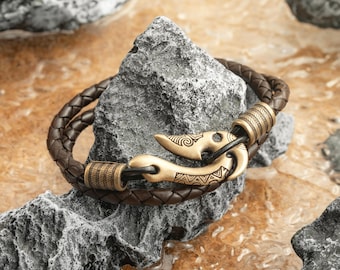 Ocean Bracelet with Bronze Fishing Hook Hei Matau - Bangle Maori Style Gift for Men Women - Armband Polynesian Tribal Nautical Beach Jewelry