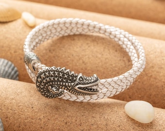 Braided Leather Alligator Bracelet, Animal Charm Jewelry, Unisex