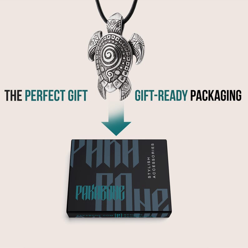 May include: A detailed silver turtle pendant suspended above a black box. The box features teal branding and the words "Stylish Accessories". Text reads "THE PERFECT GIFT" and "GIFT-READY PACKAGING".