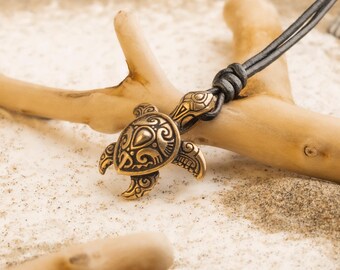Bronze Maori Turtle Pendant · Polynesian Sea Turtle Necklace · Tribal Ocean Surfer Jewelry · Nautical Gift for Men & Women