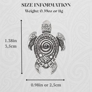 May include: A silver turtle pendant with detailed tribal patterns. The pendant is 3.5cm long and 2.5cm wide. It weighs 11g. The image includes the text "SIZE INFORMATION".