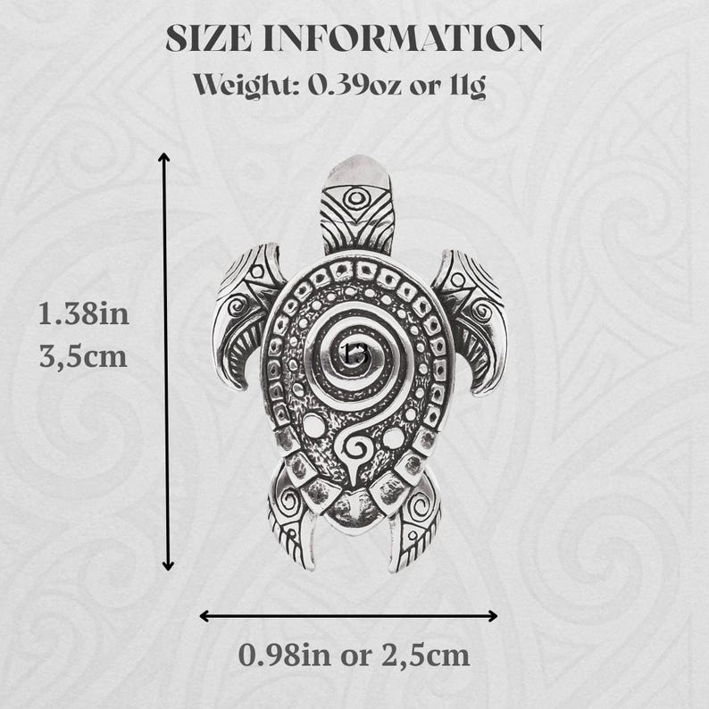 May include: A silver turtle pendant with detailed tribal patterns. The pendant is 3.5cm long and 2.5cm wide. It weighs 11g. The image includes the text "SIZE INFORMATION".