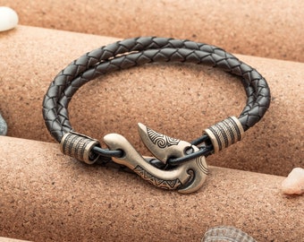 Ocean Bracelet with Bronze Fishing Hook Hei Matau - Bangle Maori Style Gift for Men Women - Armband Polynesian Tribal Nautical Beach Jewelry