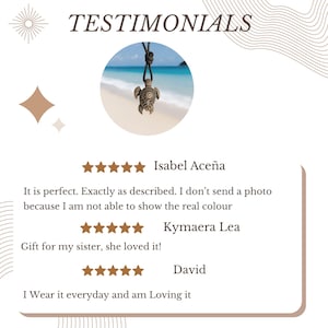 May include: A bronze turtle pendant necklace with a black cord. The image includes the word "TESTIMONIALS" at the top, along with customer reviews and star ratings. The background is white with decorative elements.