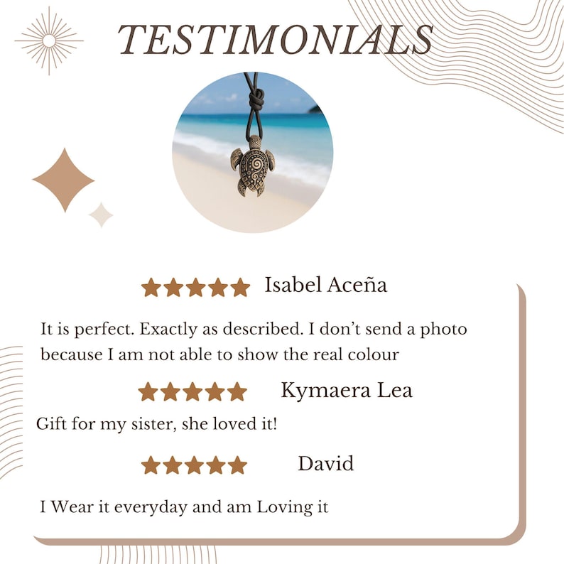 May include: A bronze turtle pendant necklace with a black cord. The image includes the word "TESTIMONIALS" at the top, along with customer reviews and star ratings. The background is white with decorative elements.