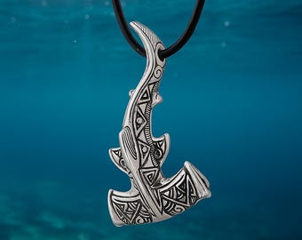 Silver Necklace Hammerhead Shark: Polynesian Maori Pendant Gift for Him and Her, Ocean Hawaiian Tribal Nautical Surfer Beach Jewelry