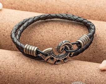Ocean Bracelet with Bronze Fishing Hook Hei Matau - Bangle Maori Style Gift for Men Women - Armband Polynesian Tribal Nautical Beach Jewelry