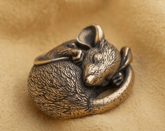 Bronze Sleeping Mouse Figurine · Miniature Animal Sculpture · Handmade Desk Decor or Pendant