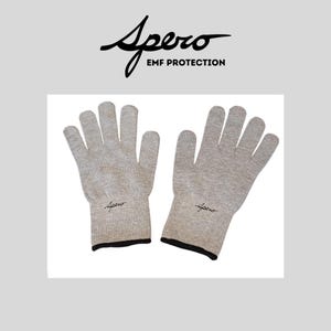 May include: A pair of gray, fingerless gloves with black trim. The gloves have the word "Spero EMF Protection" embroidered on the wrist.