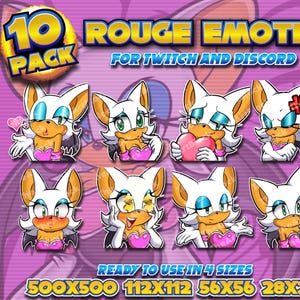 Puede incluir: Un conjunto de 10 emoticonos digitales con Rouge the Bat de la serie de videojuegos Sonic the Hedgehog. Los emoticonos están en varias poses y expresiones, incluyendo guiños, sonrojos y sosteniendo un corazón. Los emoticonos están listos para usar en cuatro tamaños: 500x500, 112x112, 56x56 y 28x28. Los emoticonos están diseñados para usar en Twitch y Discord.