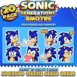 Puede incluir: Un conjunto de 20 emotes de Sonic the Hedgehog para Twitch y Discord. Los emotes presentan diferentes expresiones de Sonic, incluyendo un pulgar hacia arriba, un corazón, un signo de interrogación y un GG. Los emotes están disponibles en cuatro tamaños: 500x500, 112x112, 56x56 y 28x28.