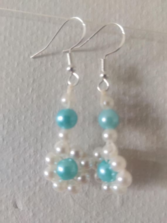 Turquoise Acrylic Bead Earrings: Handmade Silver Plated Details