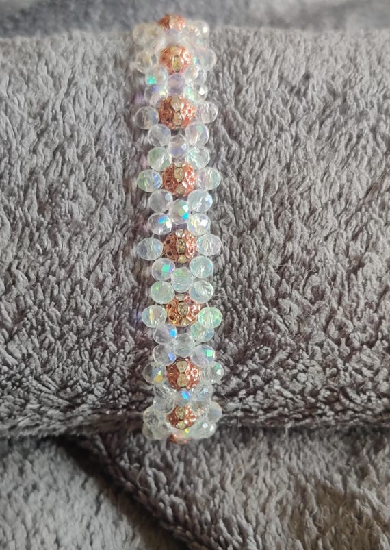 Handmade Beaded Bracelet: Copper Rhinestone & Faceted Clear Beads