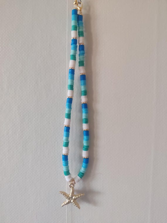 Ocean Clay Bead Necklace: Gold Starfish Charm, 38.5cm