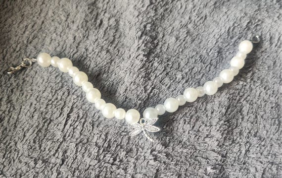 Dragonfly Charm Bracelet: White Acrylic Beads, Silver Detail