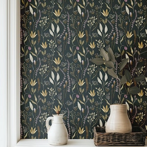 Dark Floral Wallpaper, Watercolor Flowers, Peel and Stick or Pre-pasted