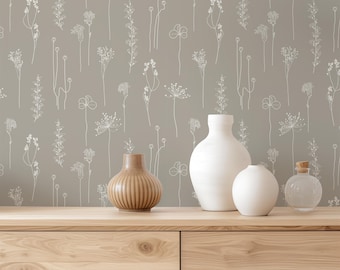 Minimalist Floral Wallpaper, Soft Sage Green, Peel and Stick or Pre Pasted