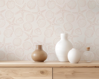 Coastal Seashell & Starfish Wallpaper, Smoke Salmon Line Art, Pre-Pasted or Peel and Stick
