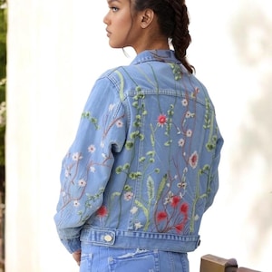 Denim Blue Jacket with Embroidered Floral mesh, Boho stylish summer outfit for women, gift for her, gift for mom, women gift, bridal jacket